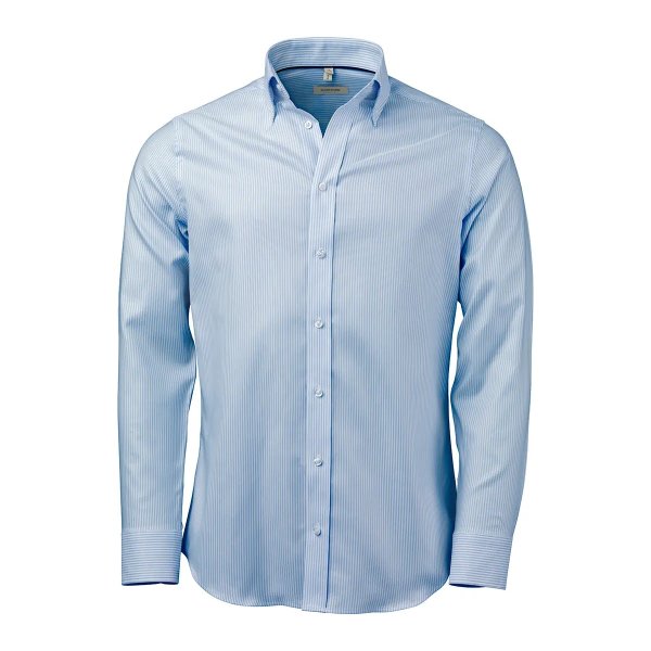 Zoom bild av Light blue/white striped stretch oxford shirt, comfort fit